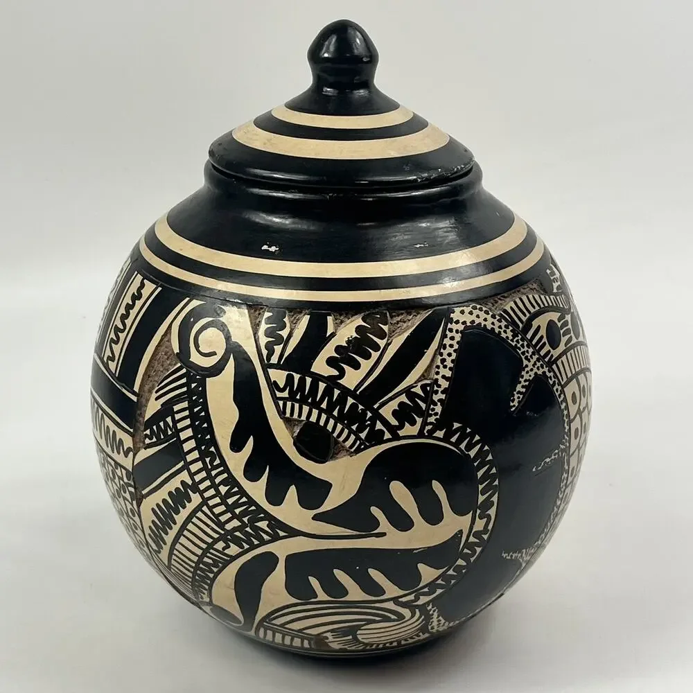 Vintage Sgraffito Pottery Lidded Jar Hand Carved Unique Handmade Black Tan Decor